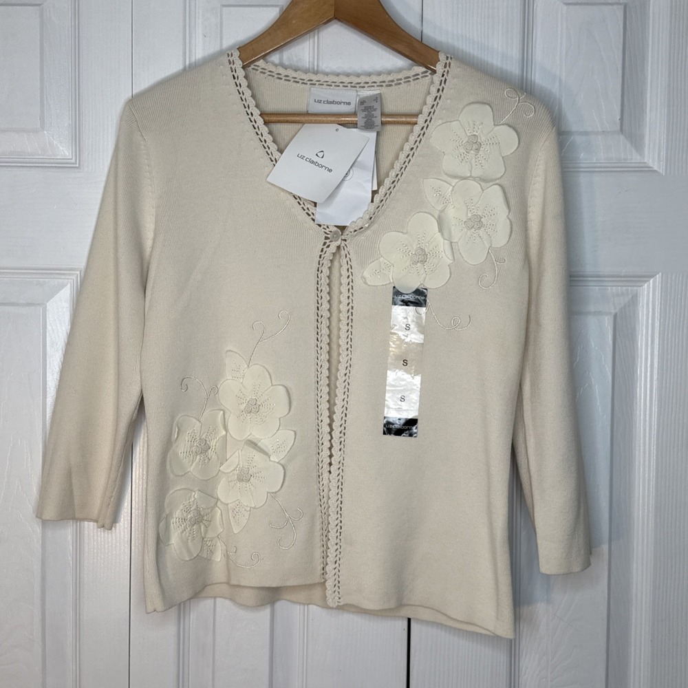 Liz Claiborne size Small Cream Knit Cardigan Sweater 3/4 Sleeve NWT $79